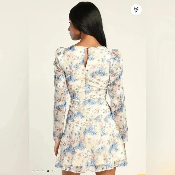 LULU'S Lovely Type Ivory Floral Print Puff Sleeve A-Line Mini Dress Sz Medium - Picture 3 of 13